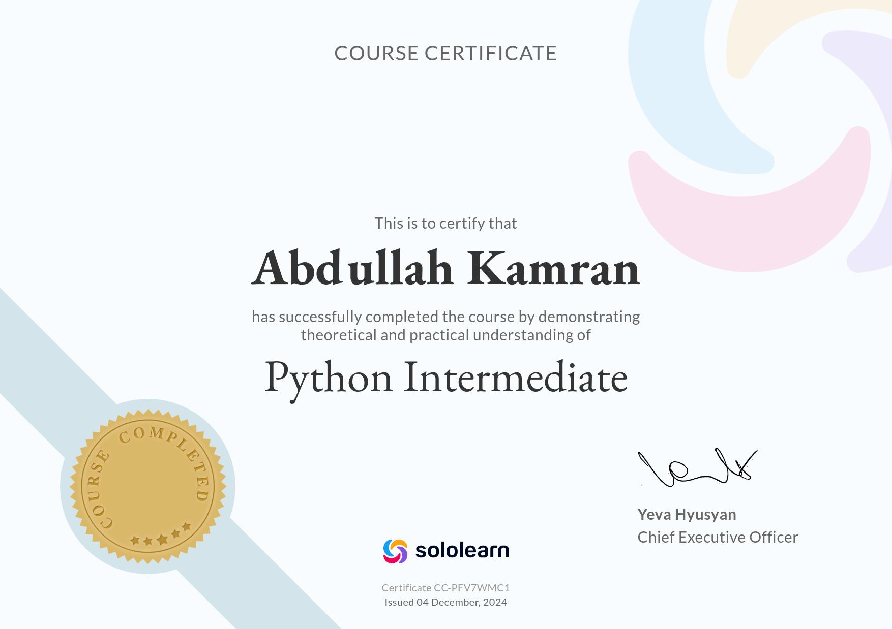 Python Intermediate certificate issued to Abdullah Kamran