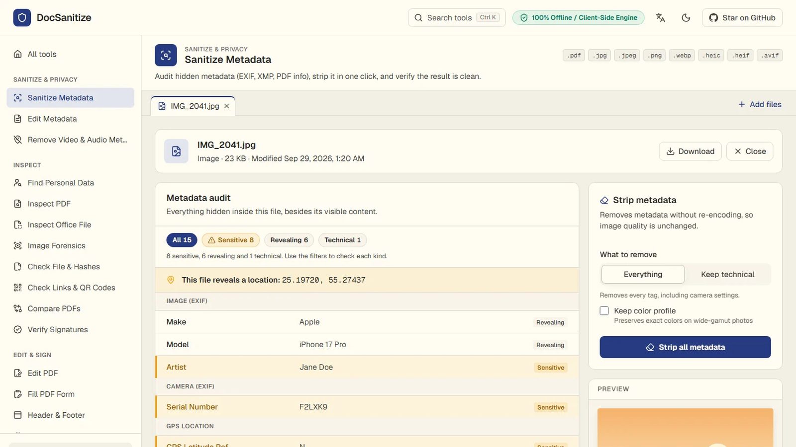 DocSanitize - private in-browser PDF and image tools that strip hidden metadata, built by Abdullah Kamran