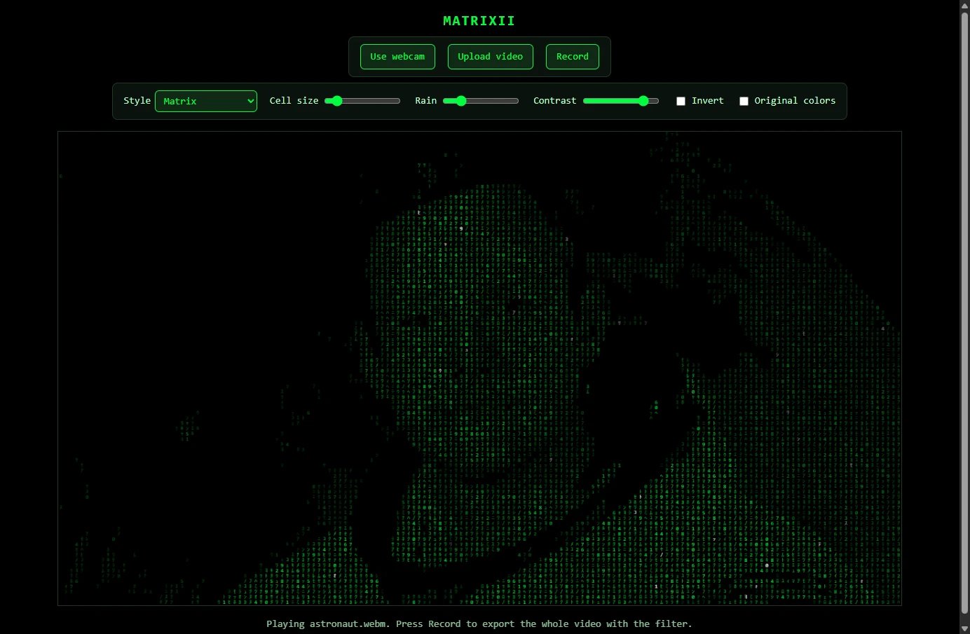 Matrixii webcam Matrix filter by Abdullah Kamran