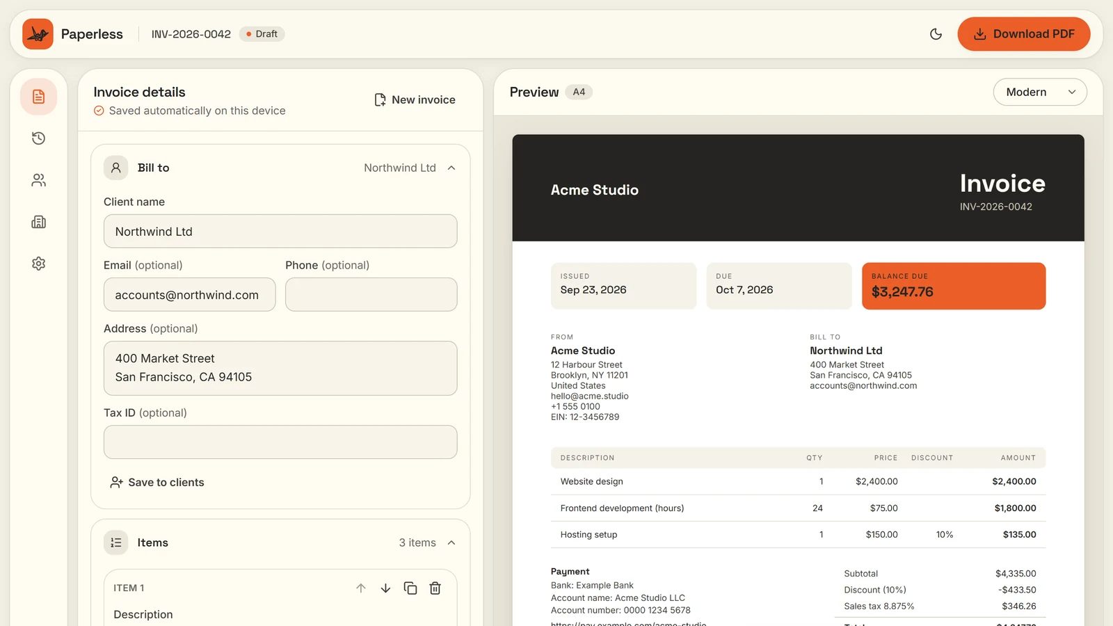 Paperless - private in-browser invoice generator with live PDF preview, built by Abdullah Kamran