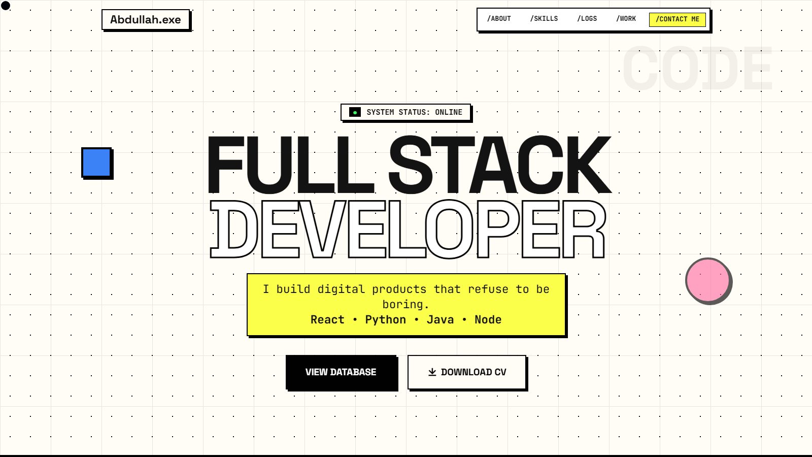 Abdullah.exe - this neo-brutalist portfolio site, designed and hand-built by Abdullah Kamran